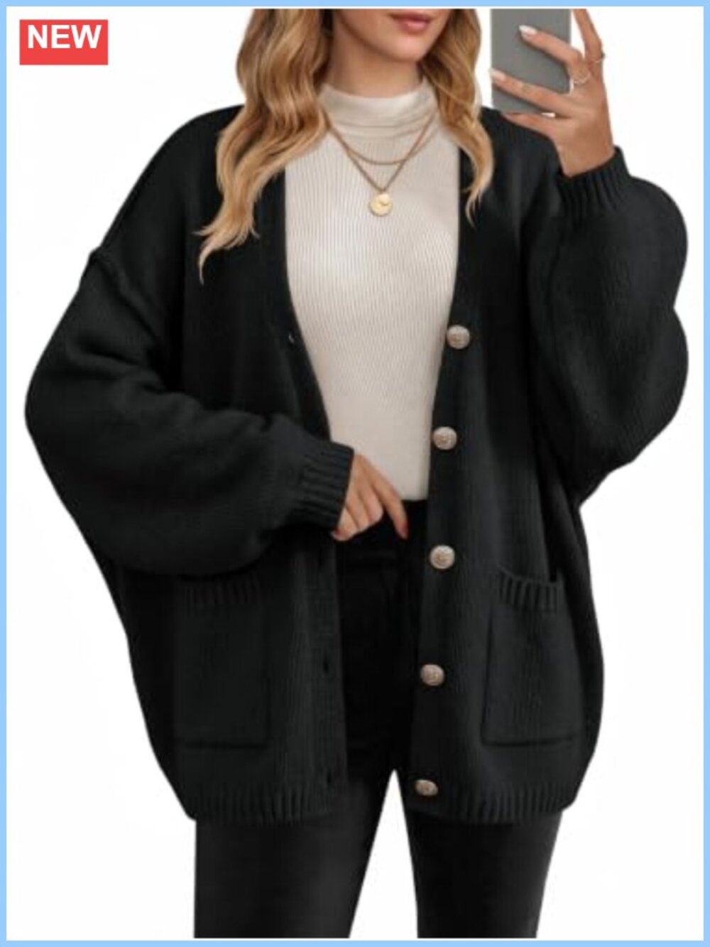 Oversized Chunky Knit Cardigan Button Up Lantern Sleeve Sweater